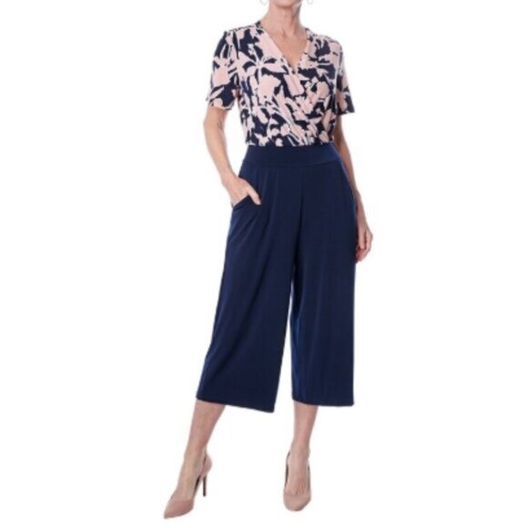 New Kim & Co. Navy Blue Pink Cropped Stretch Gaucho Jumpsuit Size XL bin 1K - Picture 1 of 5